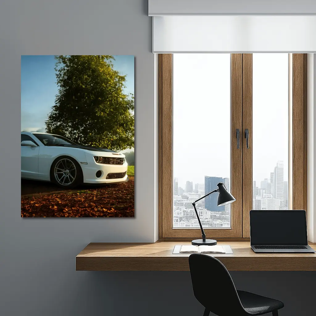 White Chevrolet Camaro Parked Near Green Tree – Wall Art