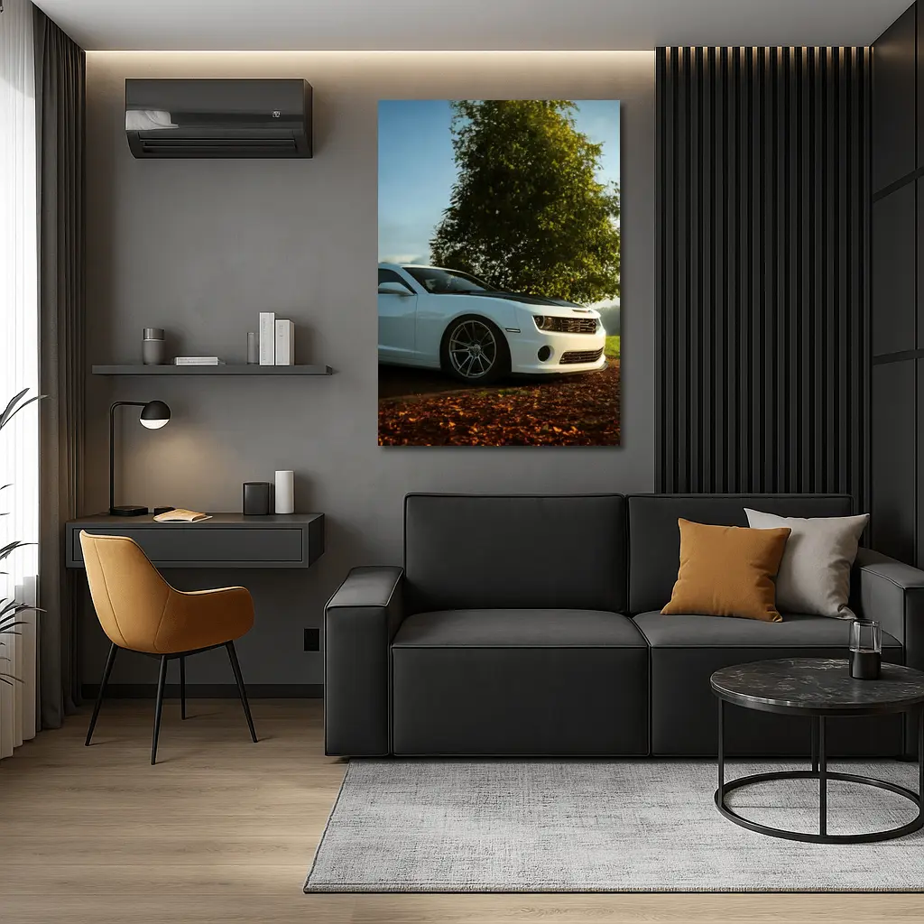 White Chevrolet Camaro Parked Near Green Tree – Wall Art