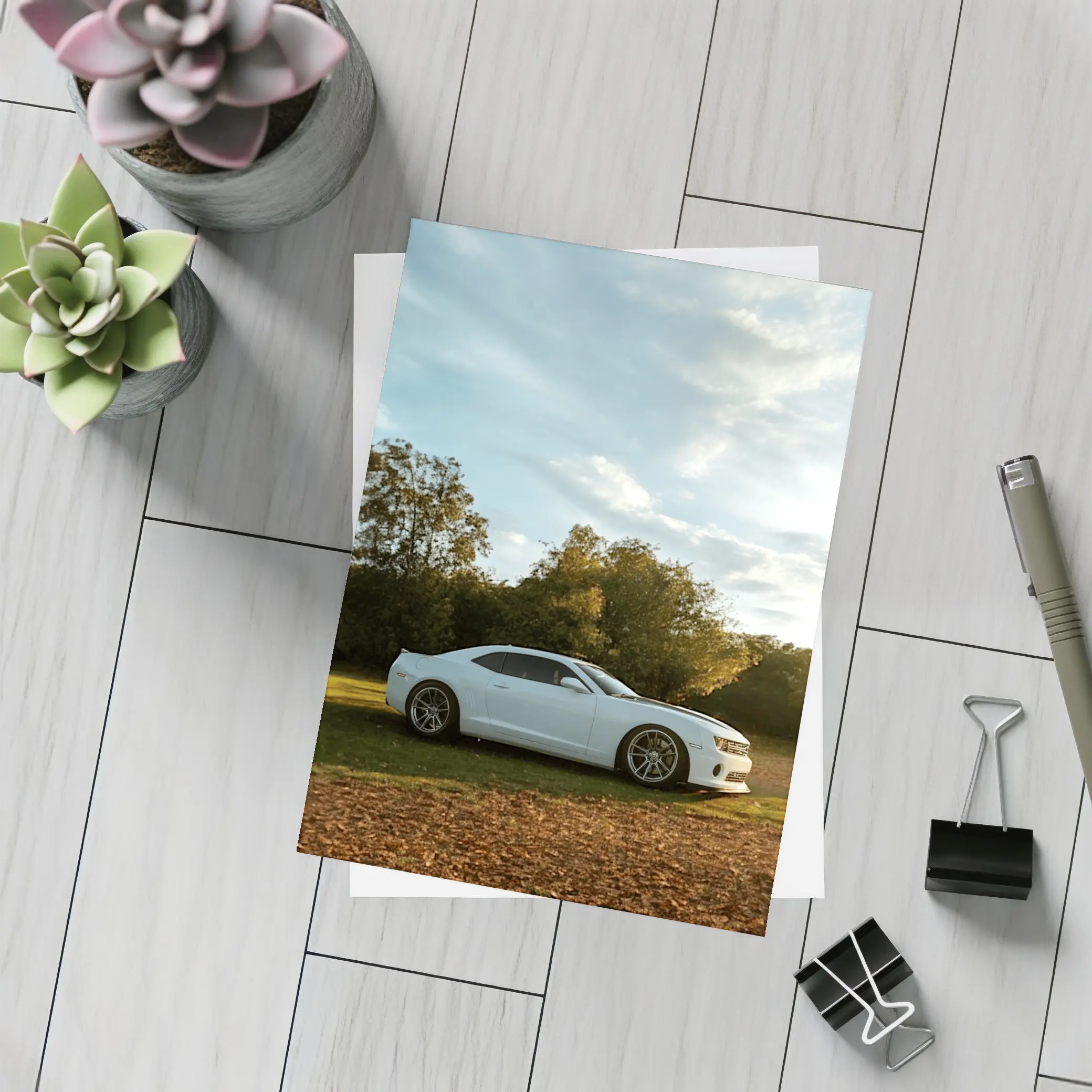 Chevrolet Camaro White Muscle Car Autumn Park – Postcards