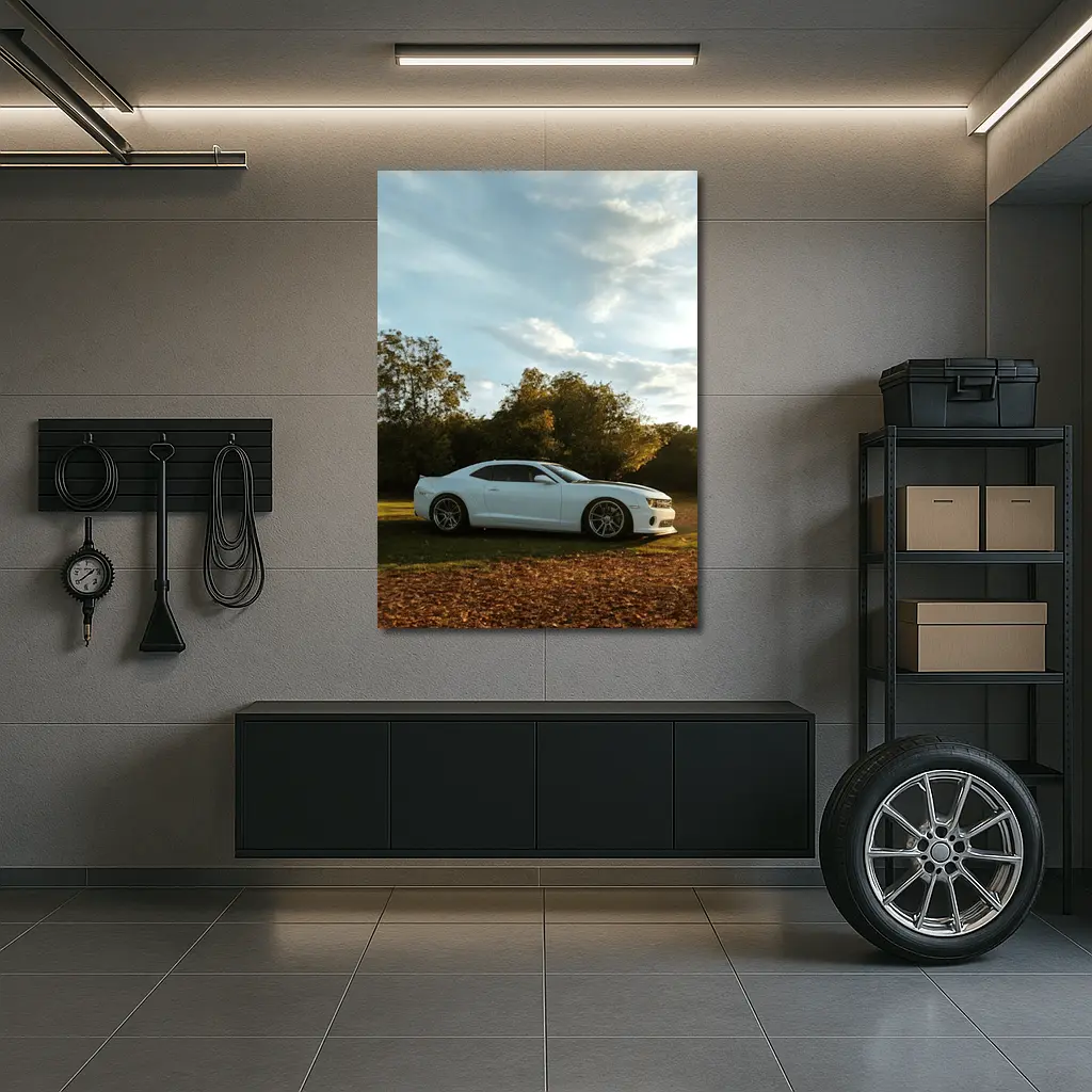 Chevrolet Camaro White Muscle Car Autumn Park – Wall Art