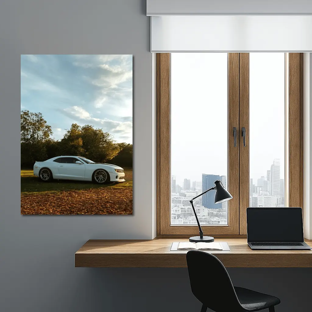 Chevrolet Camaro White Muscle Car Autumn Park – Wall Art