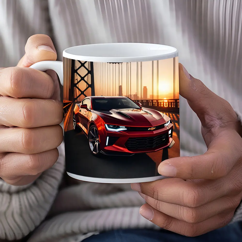 Chevrolet Camaro Red Muscle Car Bridge Sunset – Mugs