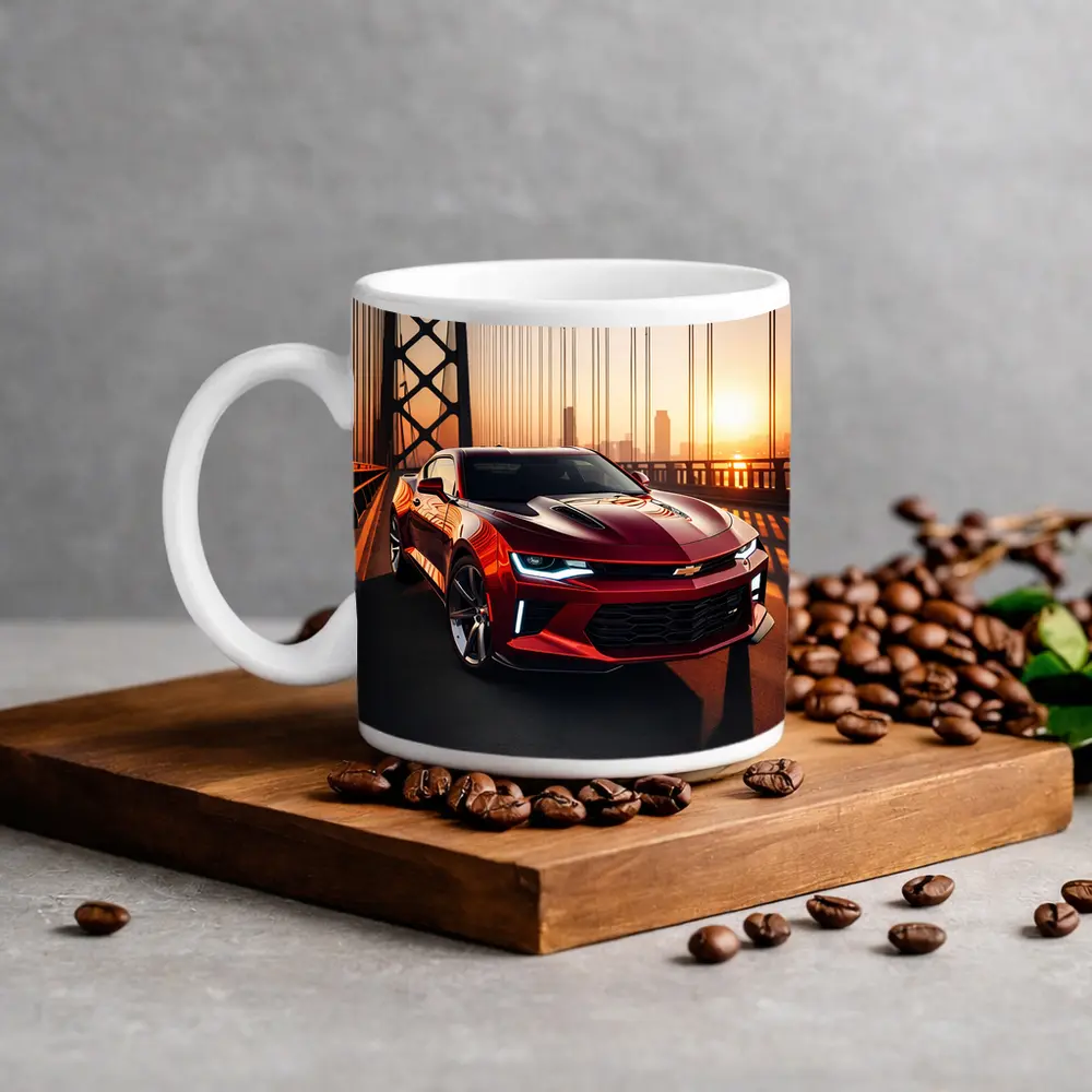 Chevrolet Camaro Red Muscle Car Bridge Sunset – Mugs