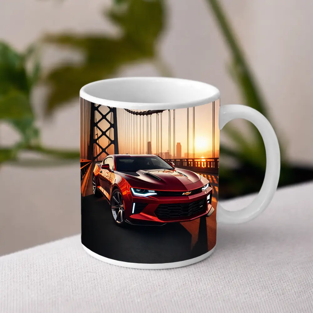 Chevrolet Camaro Red Muscle Car Bridge Sunset – Mugs