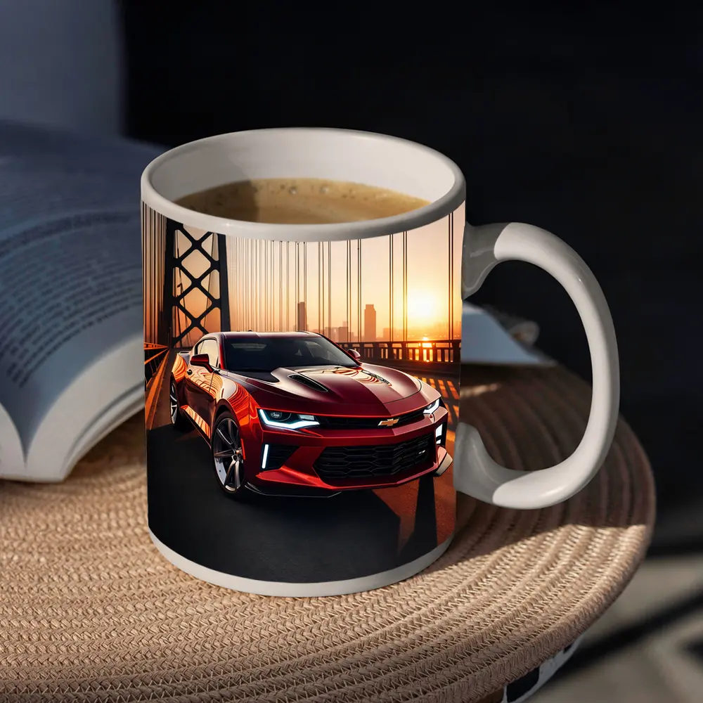 Chevrolet Camaro Red Muscle Car Bridge Sunset – Mugs