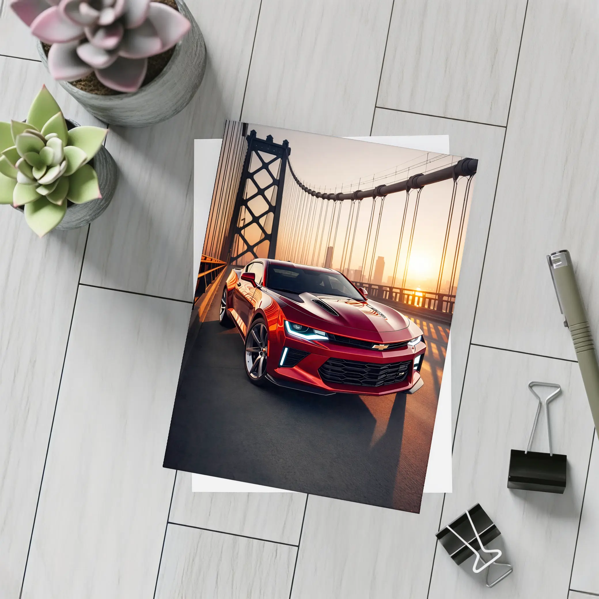 Chevrolet Camaro Red Muscle Car Bridge Sunset – Postcards