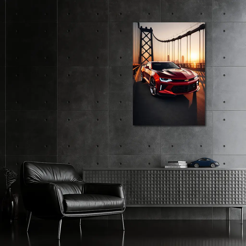 Chevrolet Camaro Red Muscle Car Bridge Sunset – Wall Art