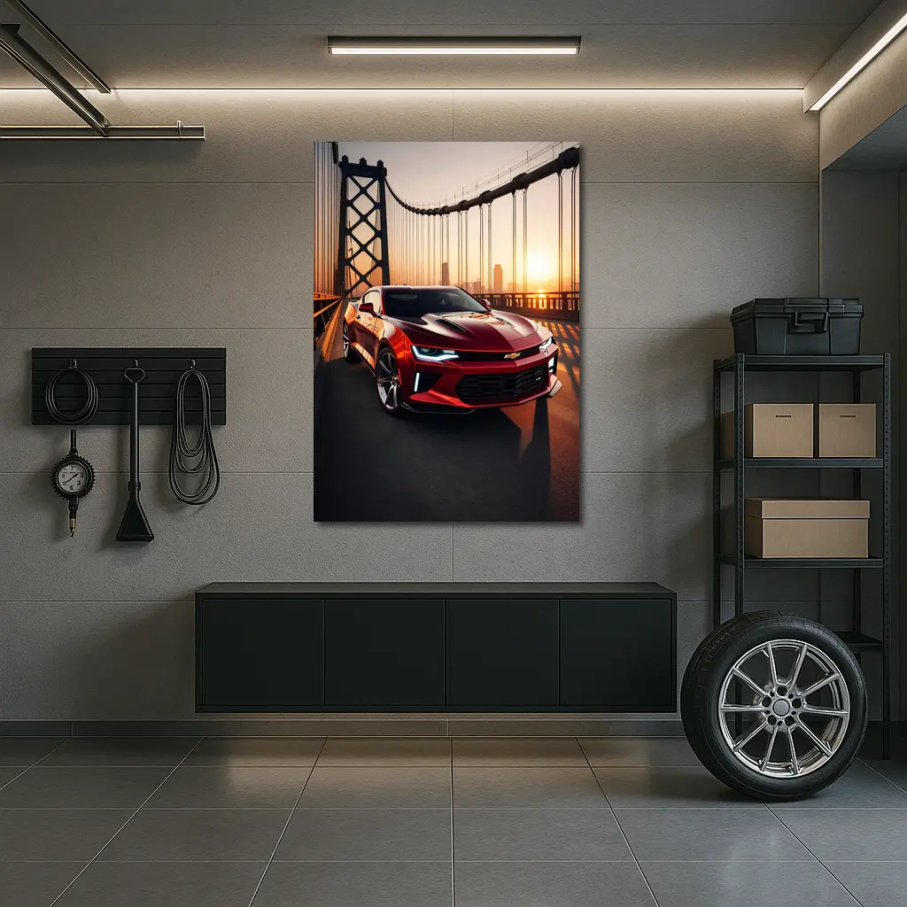 Chevrolet Camaro Red Muscle Car Bridge Sunset – Wall Art