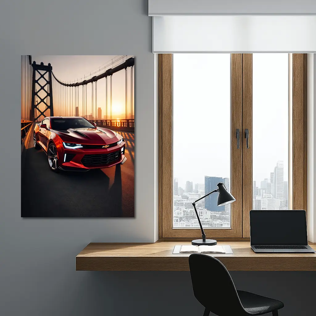 Chevrolet Camaro Red Muscle Car Bridge Sunset – Wall Art