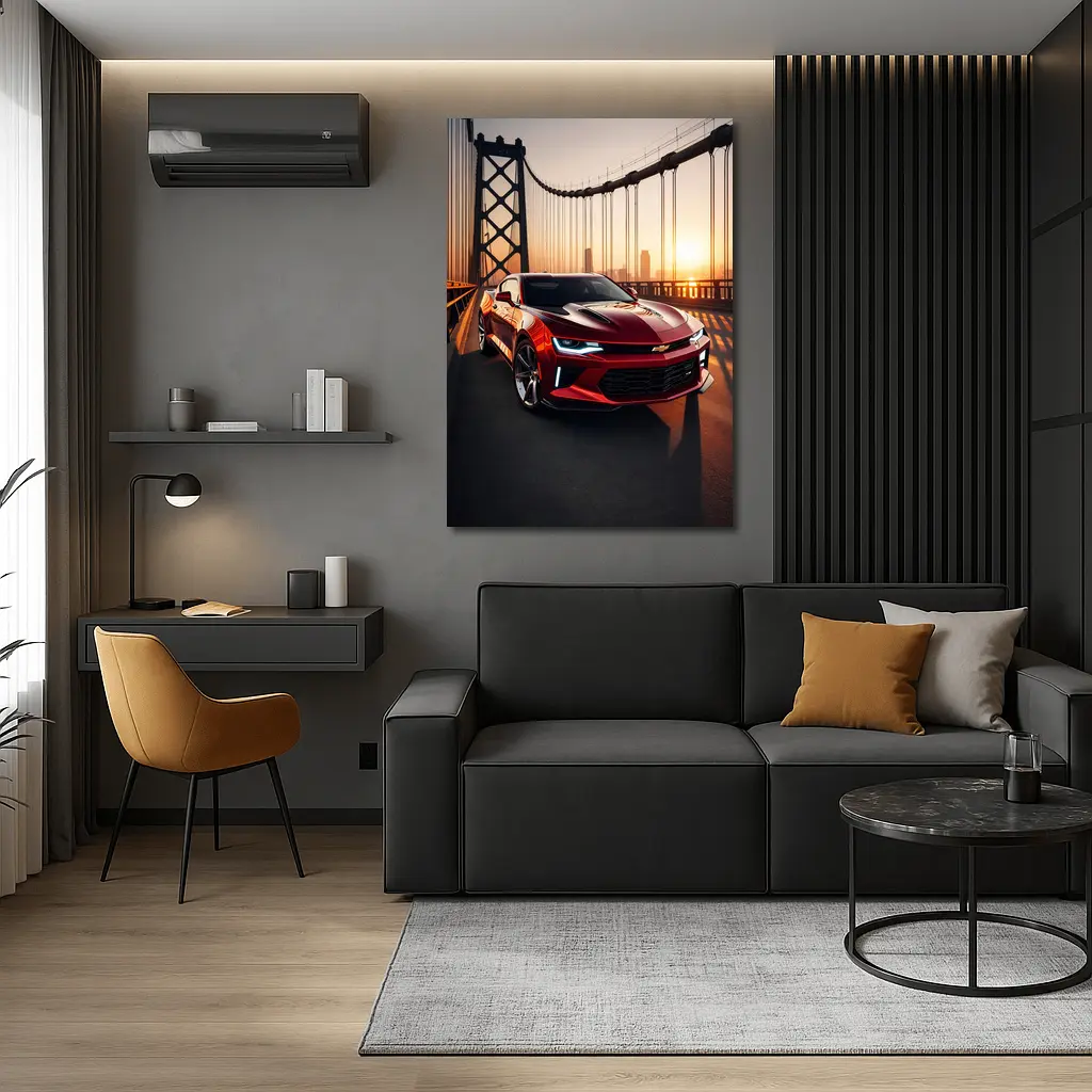 Chevrolet Camaro Red Muscle Car Bridge Sunset – Wall Art