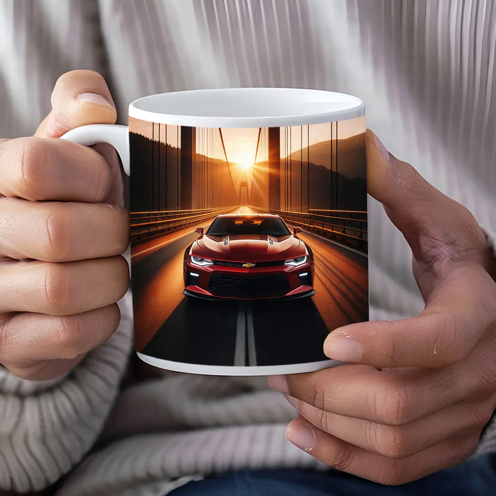 Chevrolet Camaro Red Muscle Car Bridge Sunset – Mugs