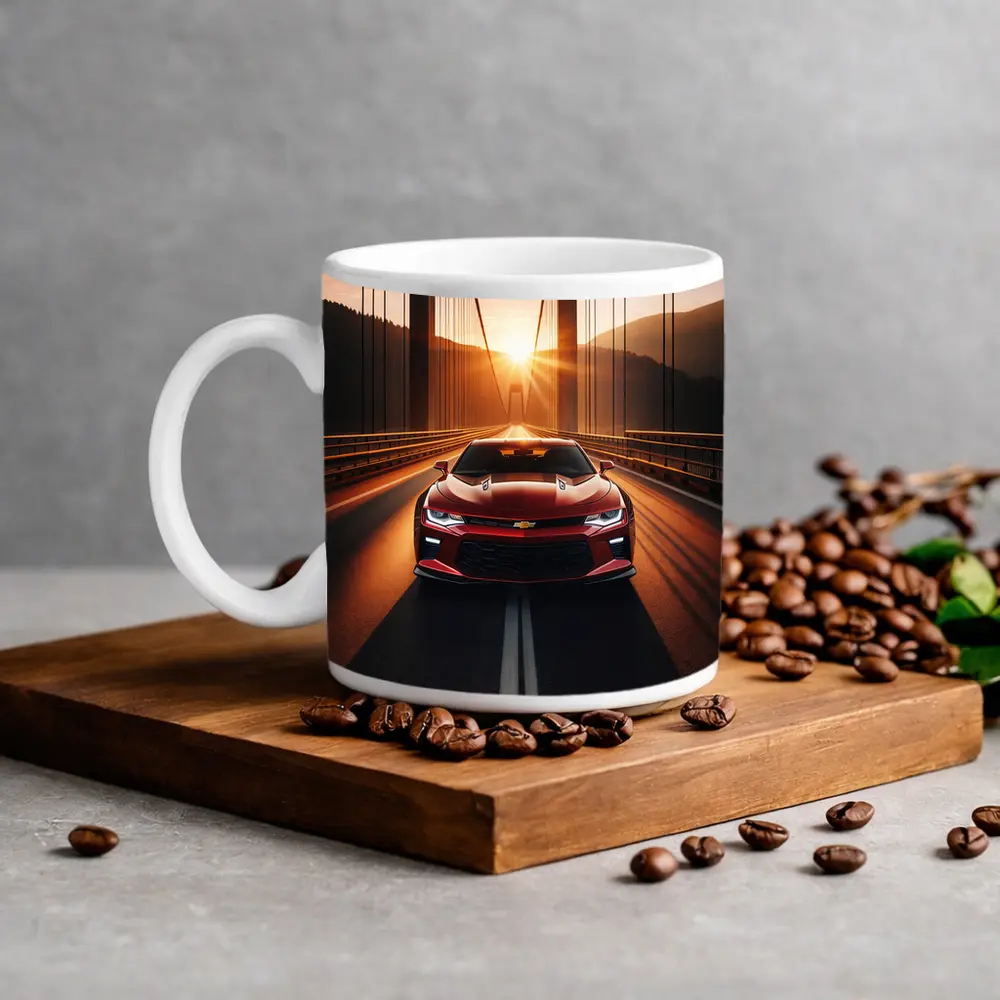Chevrolet Camaro Red Muscle Car Bridge Sunset – Mugs