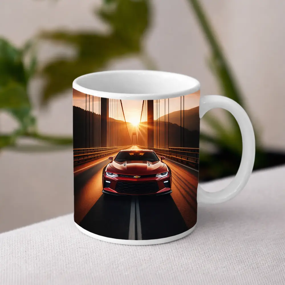 Chevrolet Camaro Red Muscle Car Bridge Sunset – Mugs