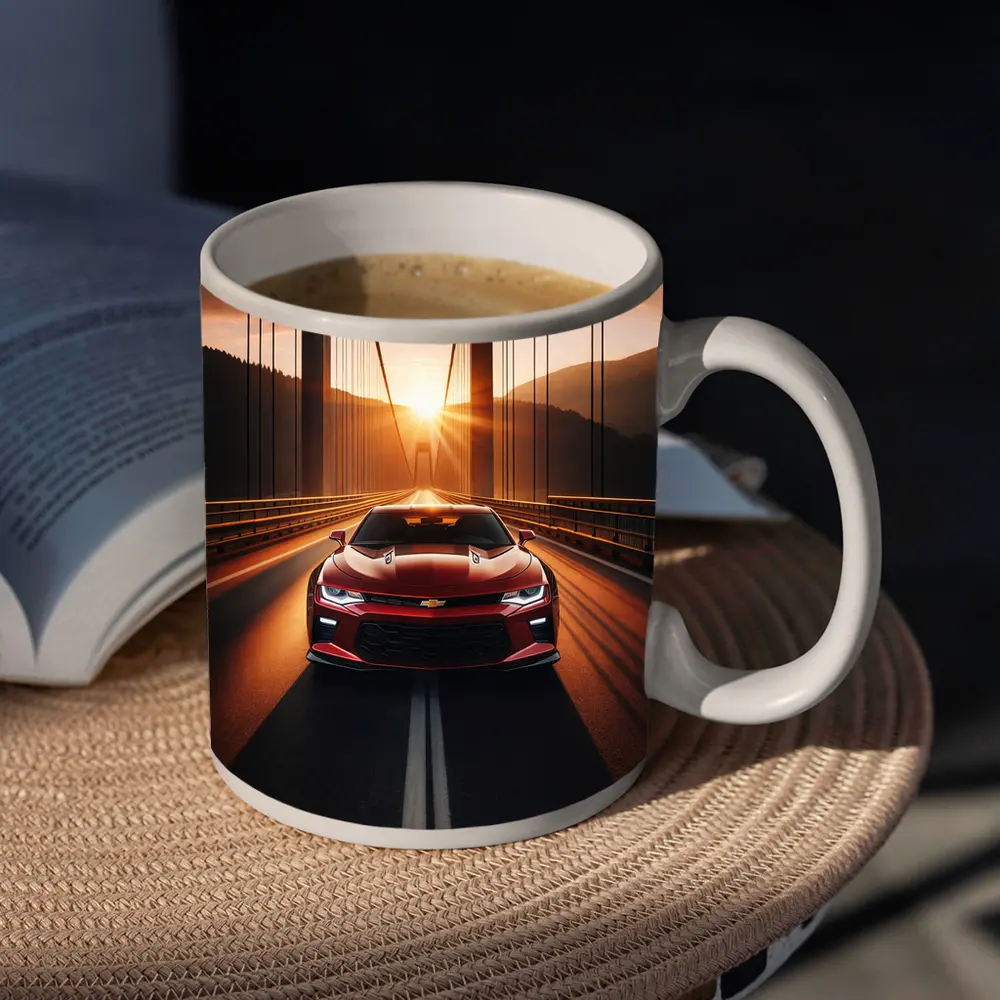 Chevrolet Camaro Red Muscle Car Bridge Sunset – Mugs