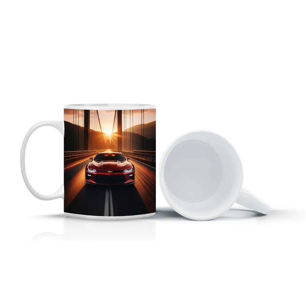 Chevrolet Camaro Red Muscle Car Bridge Sunset – Mugs