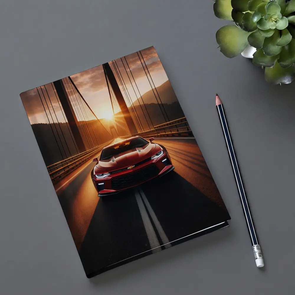 Chevrolet Camaro Red Muscle Car Bridge Sunset – Notebooks