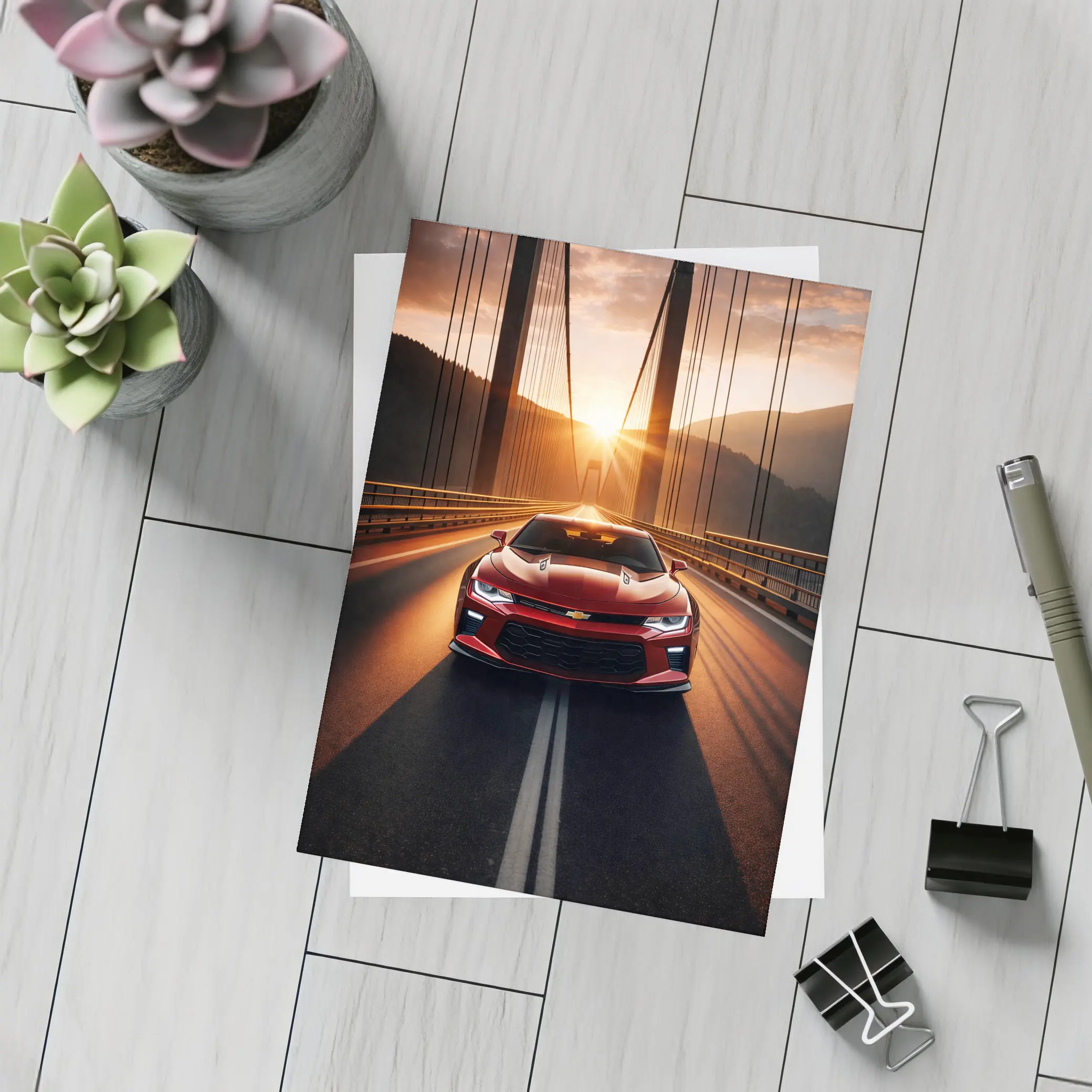 Chevrolet Camaro Red Muscle Car Bridge Sunset – Postcards