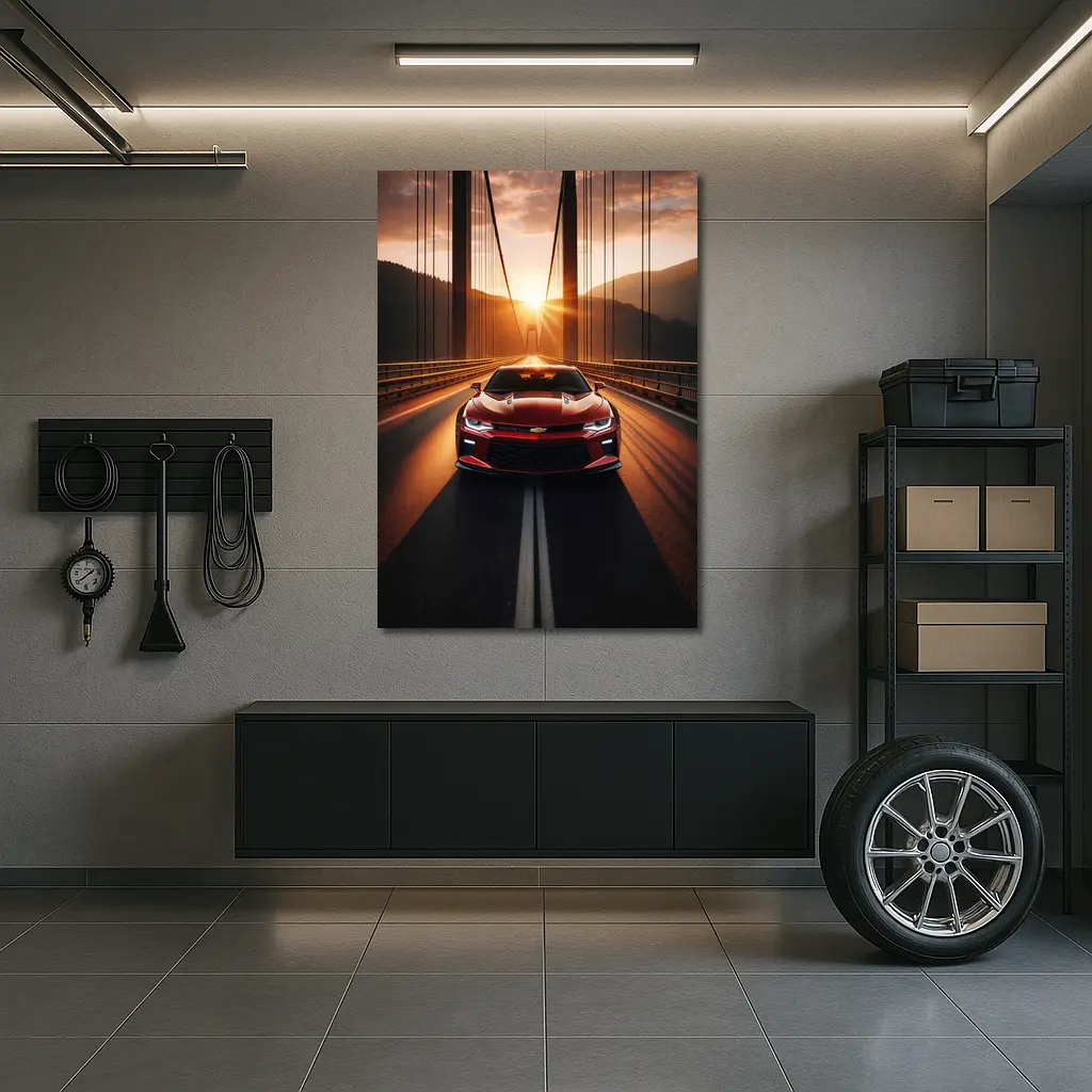 Chevrolet Camaro Red Muscle Car Bridge Sunset – Wall Art