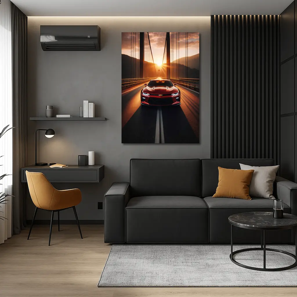 Chevrolet Camaro Red Muscle Car Bridge Sunset – Wall Art