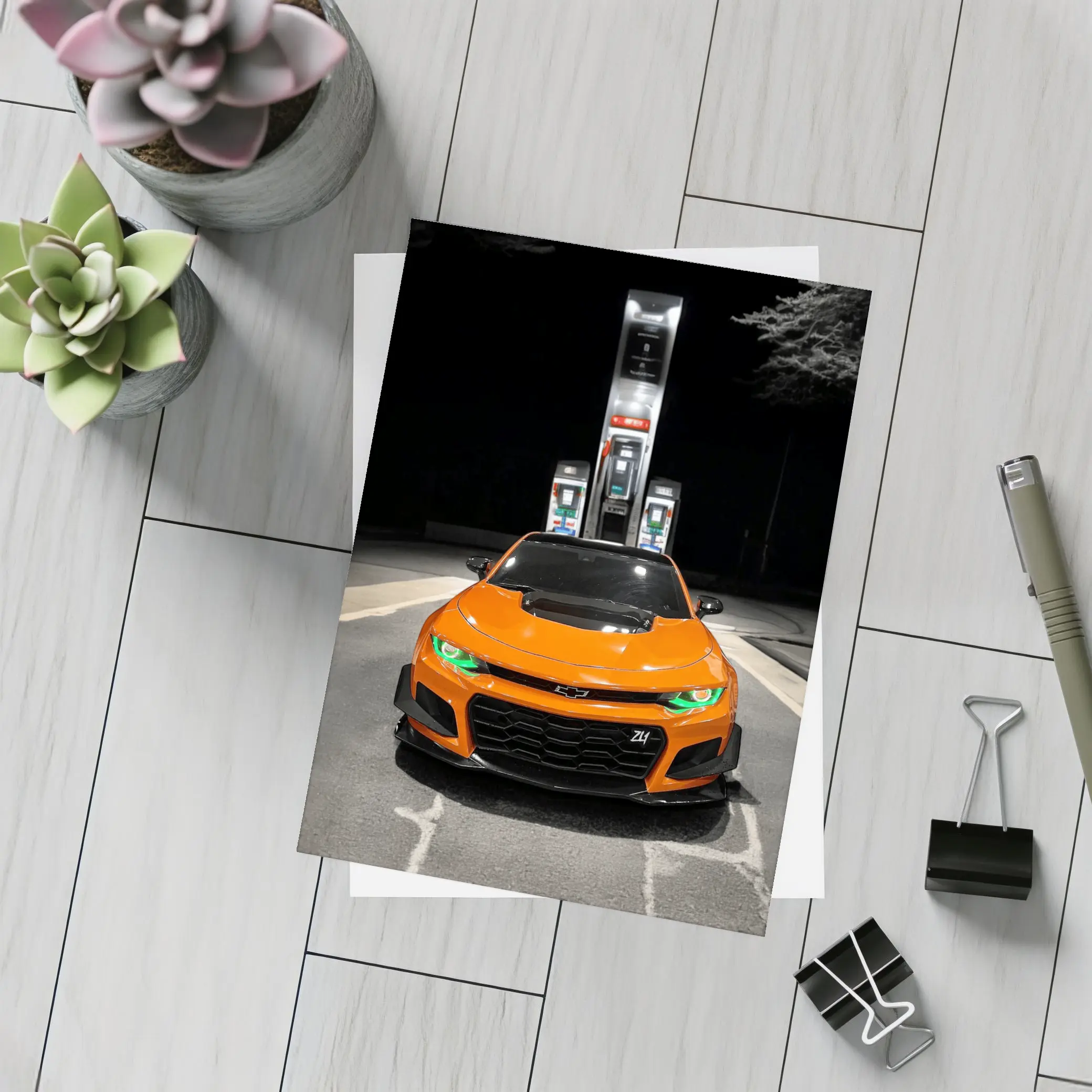 Chevrolet Camaro ZL1 Orange Night Gas Station – Postcards