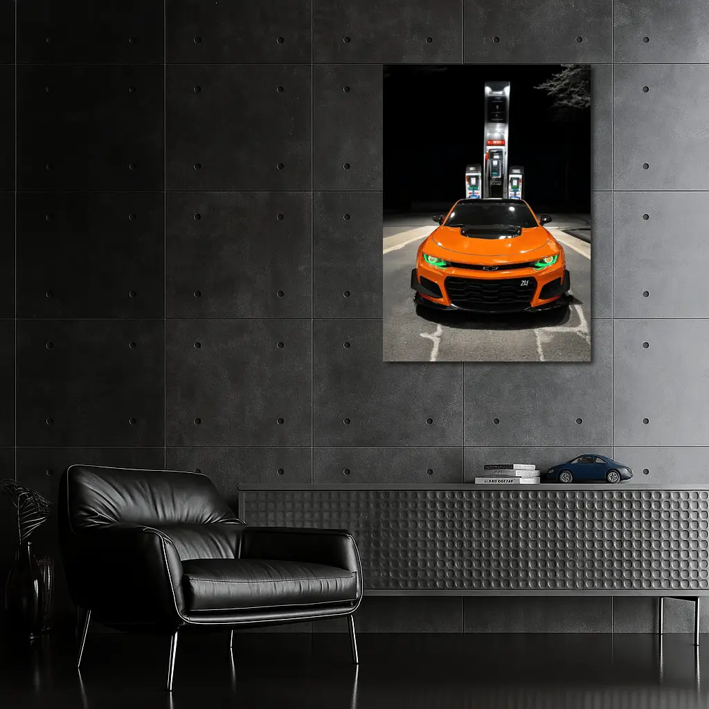 Chevrolet Camaro ZL1 Orange Night Gas Station – Wall Art