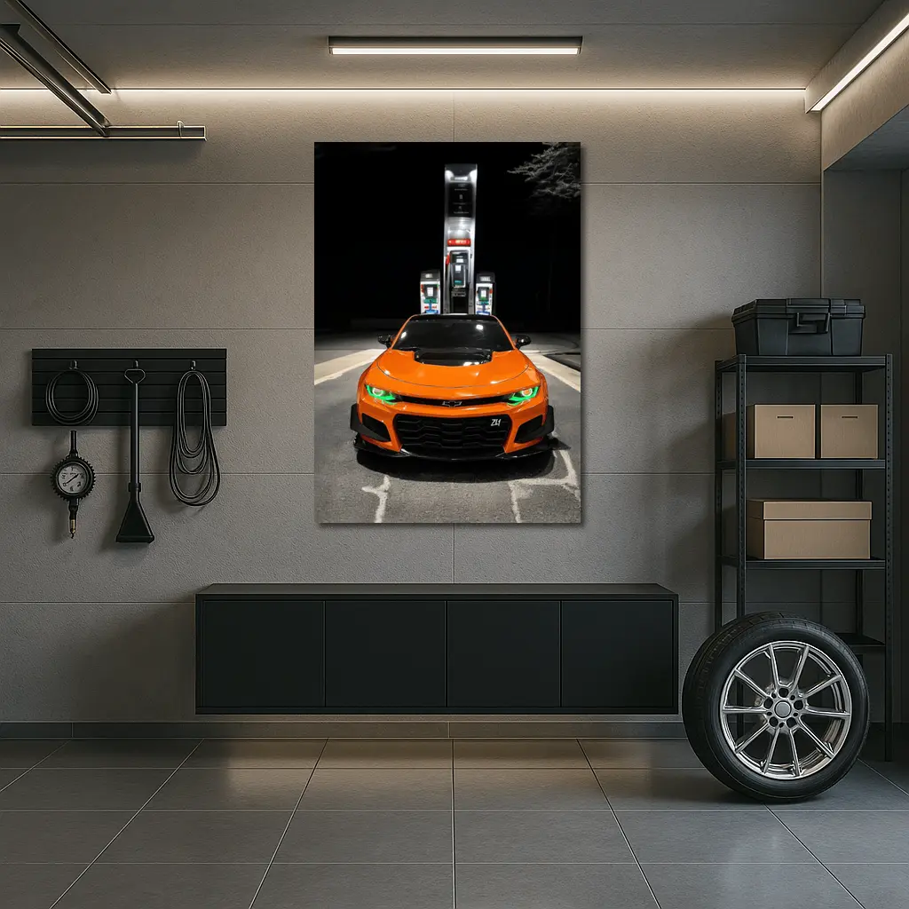Chevrolet Camaro ZL1 Orange Night Gas Station – Wall Art