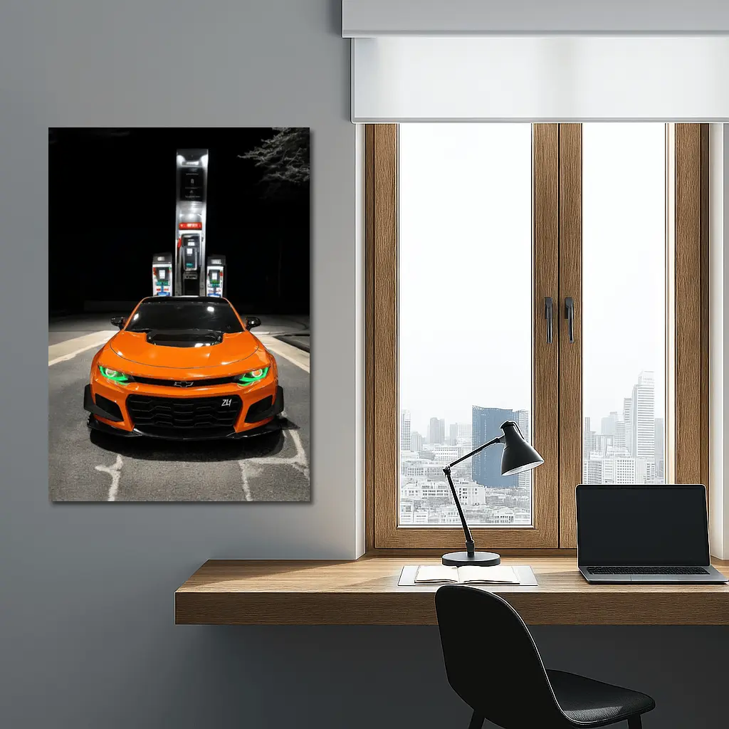 Chevrolet Camaro ZL1 Orange Night Gas Station – Wall Art