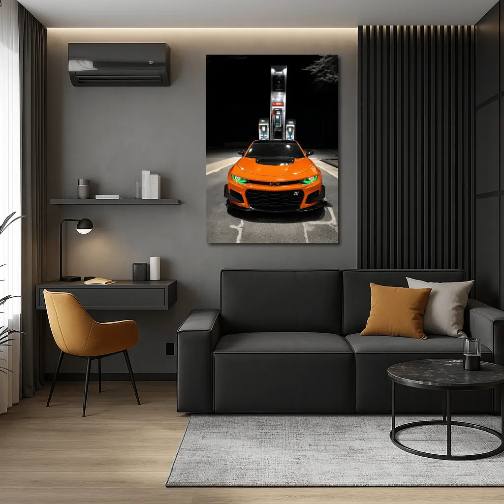 Chevrolet Camaro ZL1 Orange Night Gas Station – Wall Art