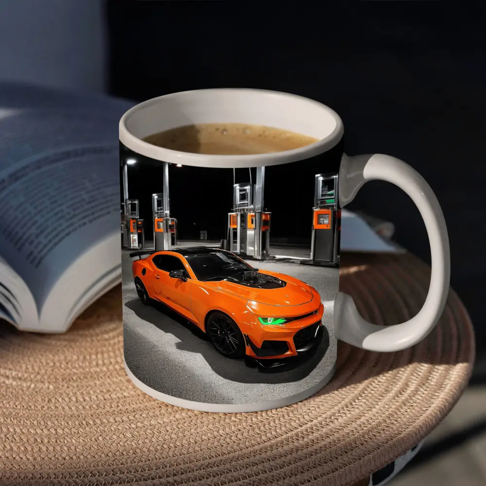 Chevrolet Camaro Orange At Gas Station Night – Mugs