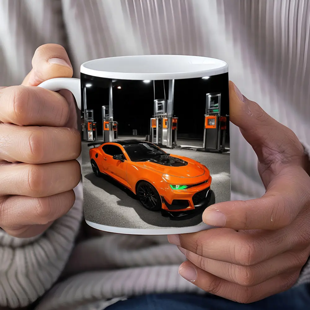 Chevrolet Camaro Orange At Gas Station Night – Mugs
