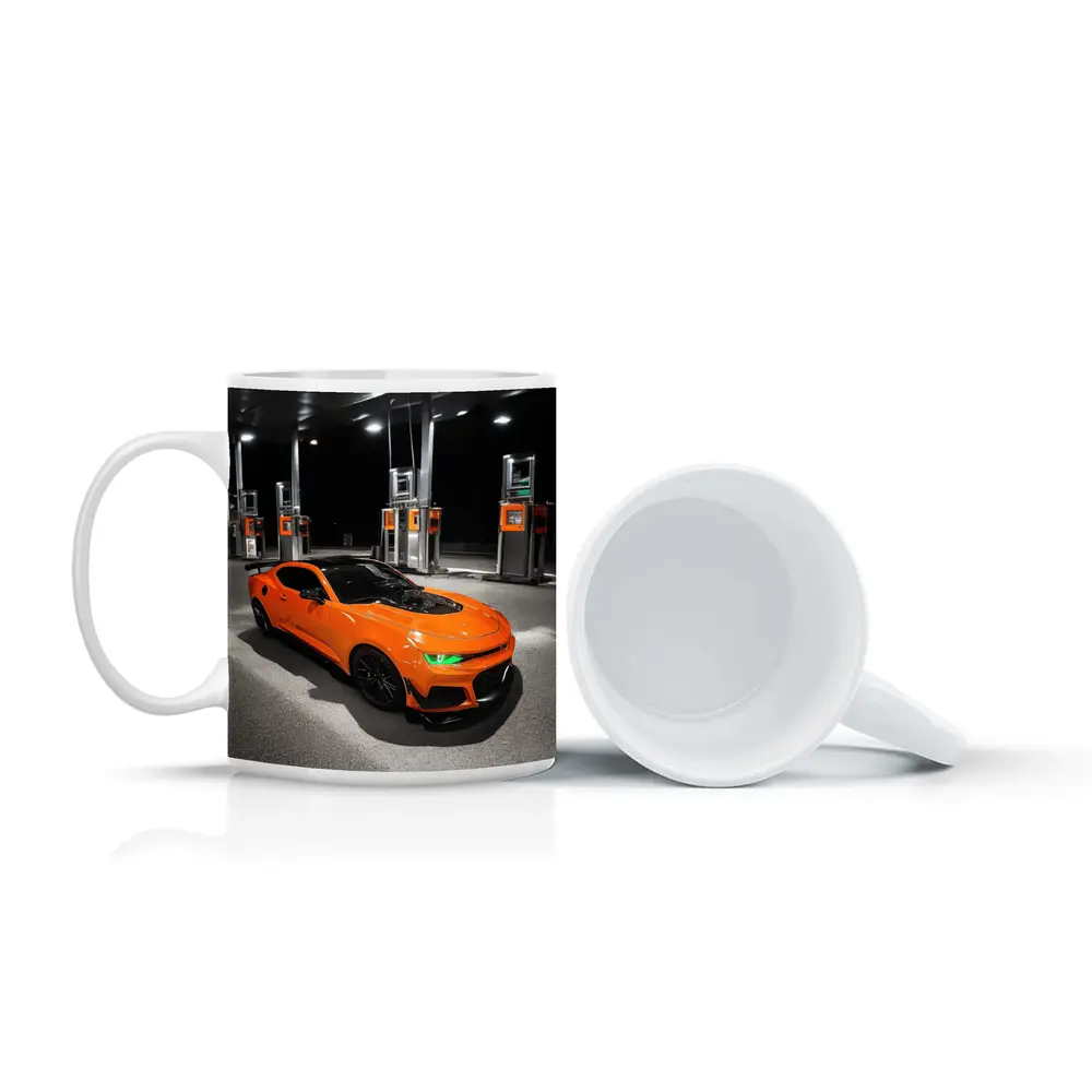 Chevrolet Camaro Orange At Gas Station Night – Mugs
