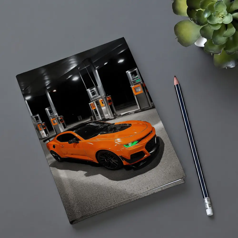 Chevrolet Camaro Orange At Gas Station Night – Notebooks
