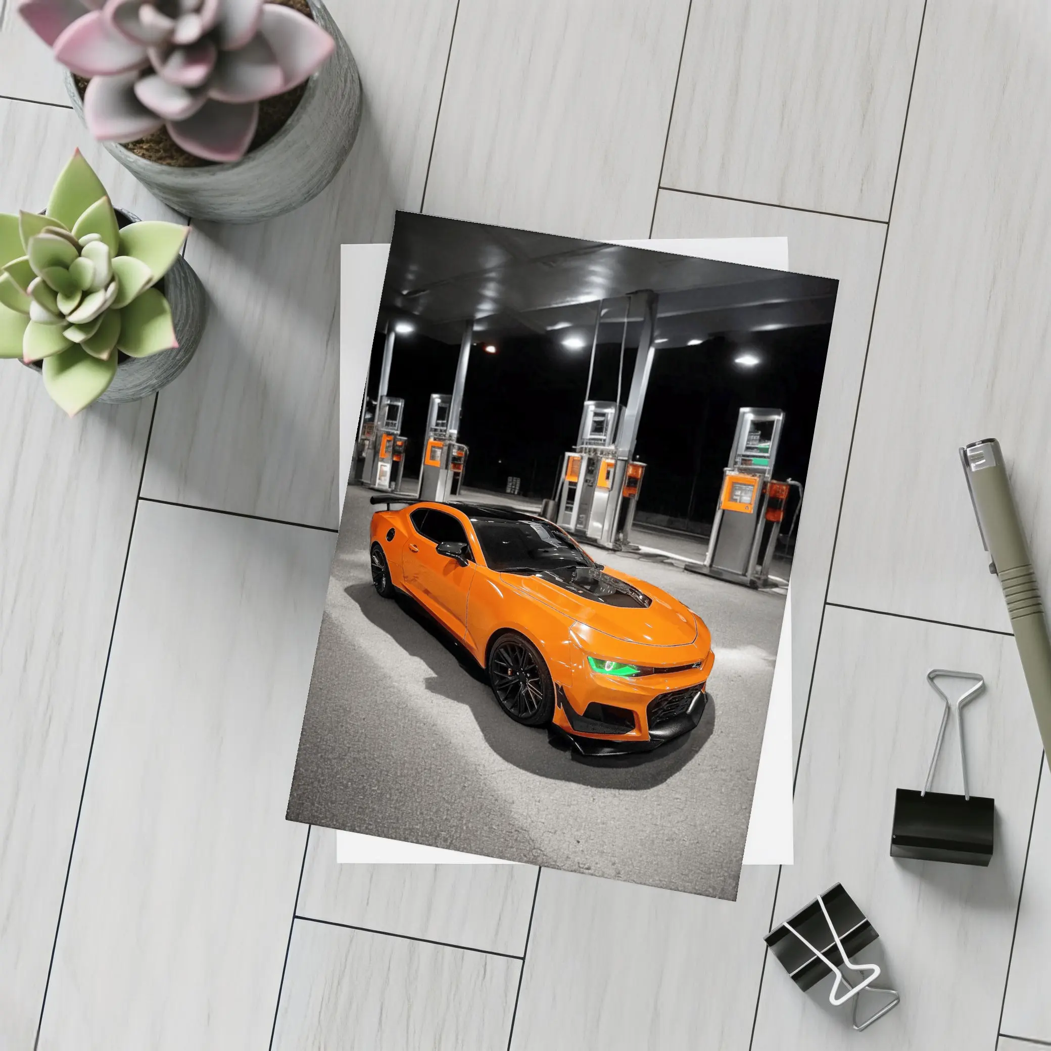 Chevrolet Camaro Orange At Gas Station Night – Postcards