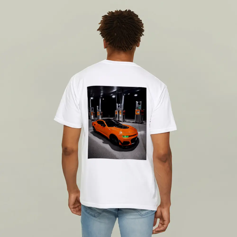 Chevrolet Camaro Orange At Gas Station Night – T-Shirts