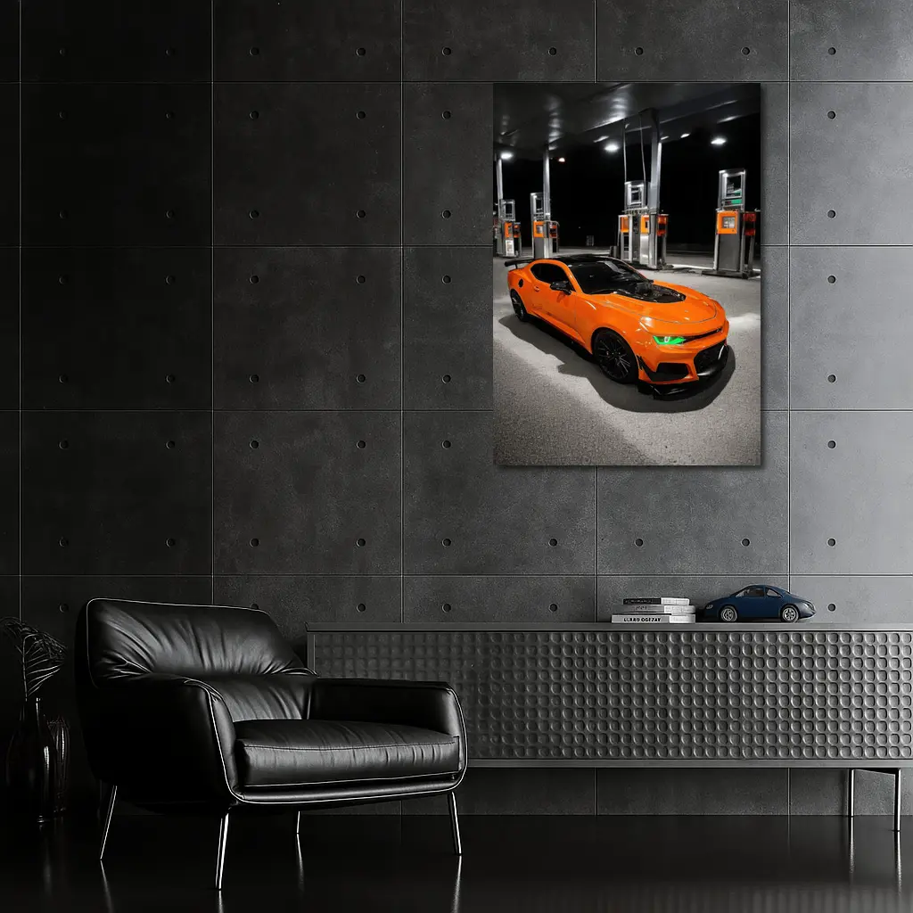 Chevrolet Camaro Orange At Gas Station Night – Wall Art