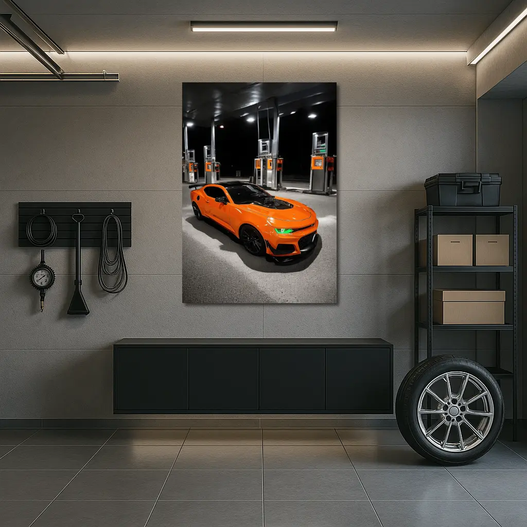 Chevrolet Camaro Orange At Gas Station Night – Wall Art
