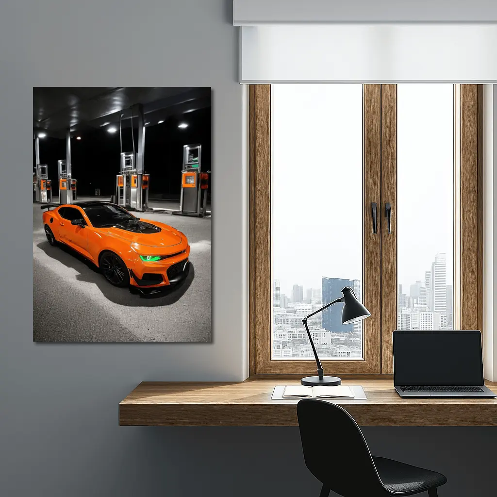 Chevrolet Camaro Orange At Gas Station Night – Wall Art