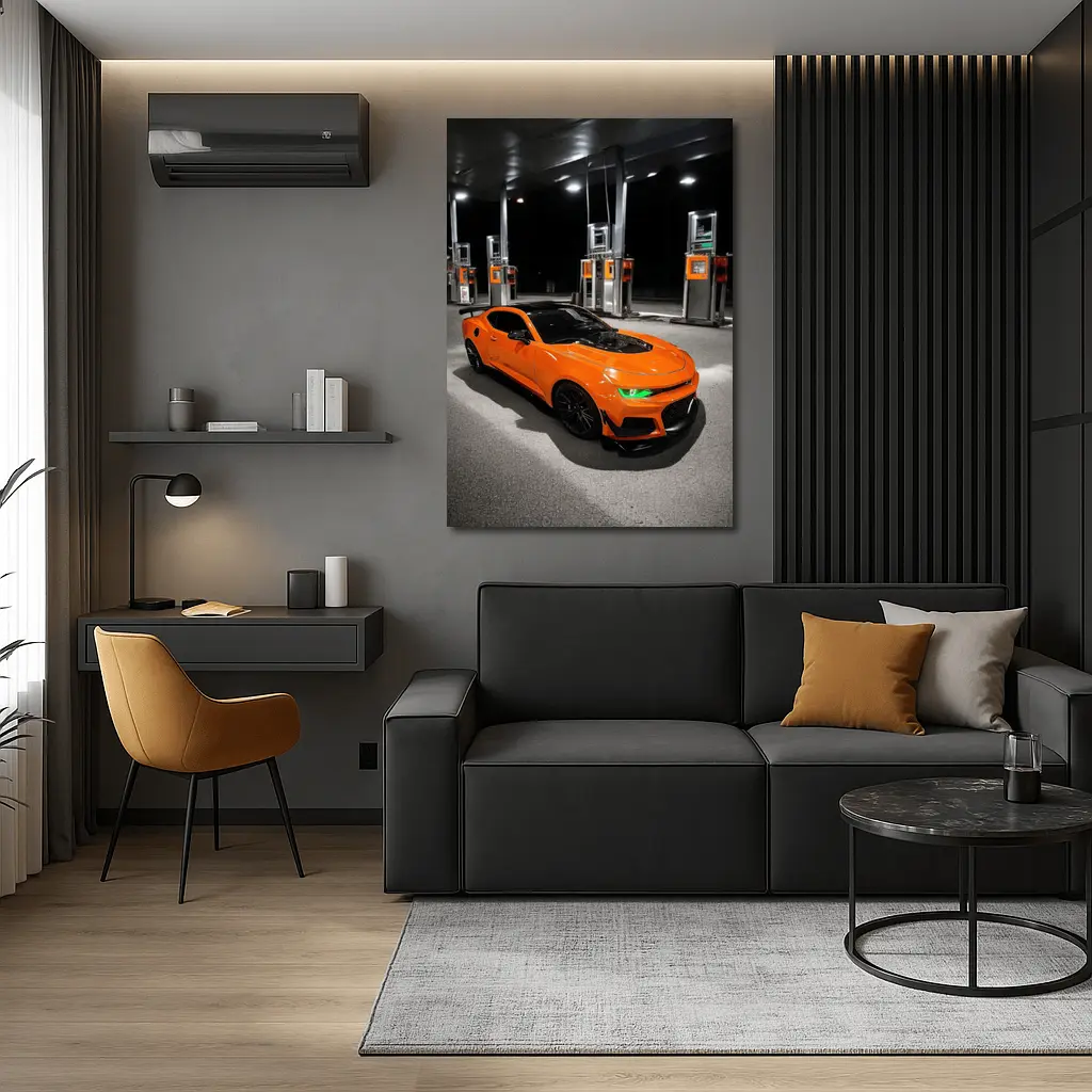 Chevrolet Camaro Orange At Gas Station Night – Wall Art
