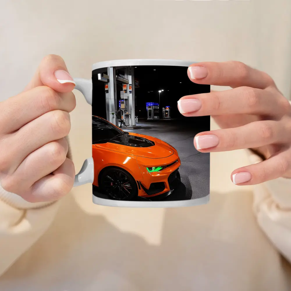 Chevrolet Camaro Orange At Night Gas Station – Mugs