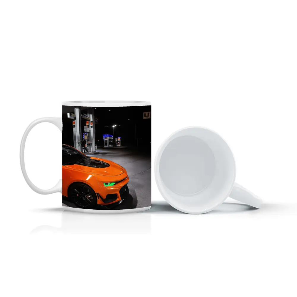 Chevrolet Camaro Orange At Night Gas Station – Mugs