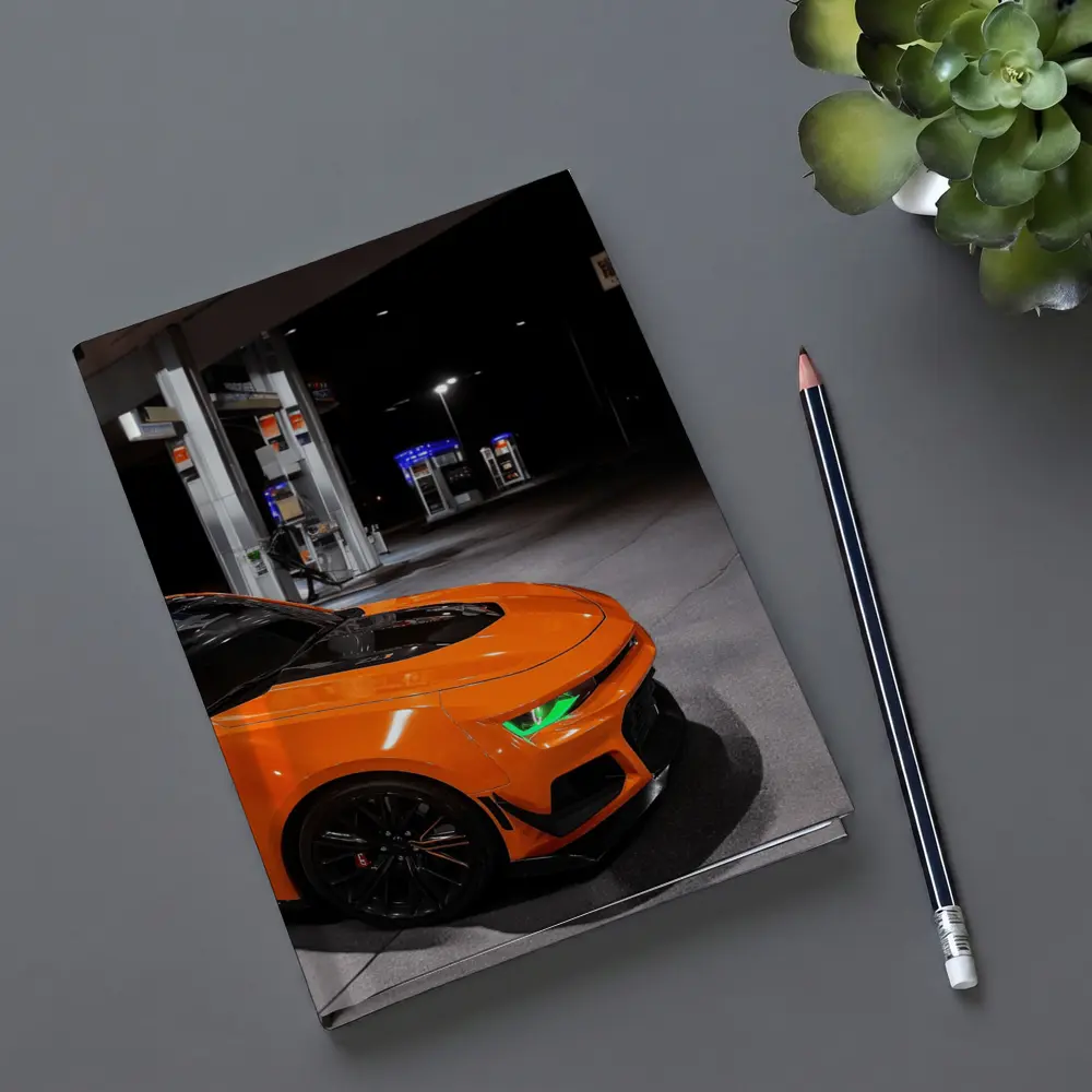 Chevrolet Camaro Orange At Night Gas Station – Notebooks