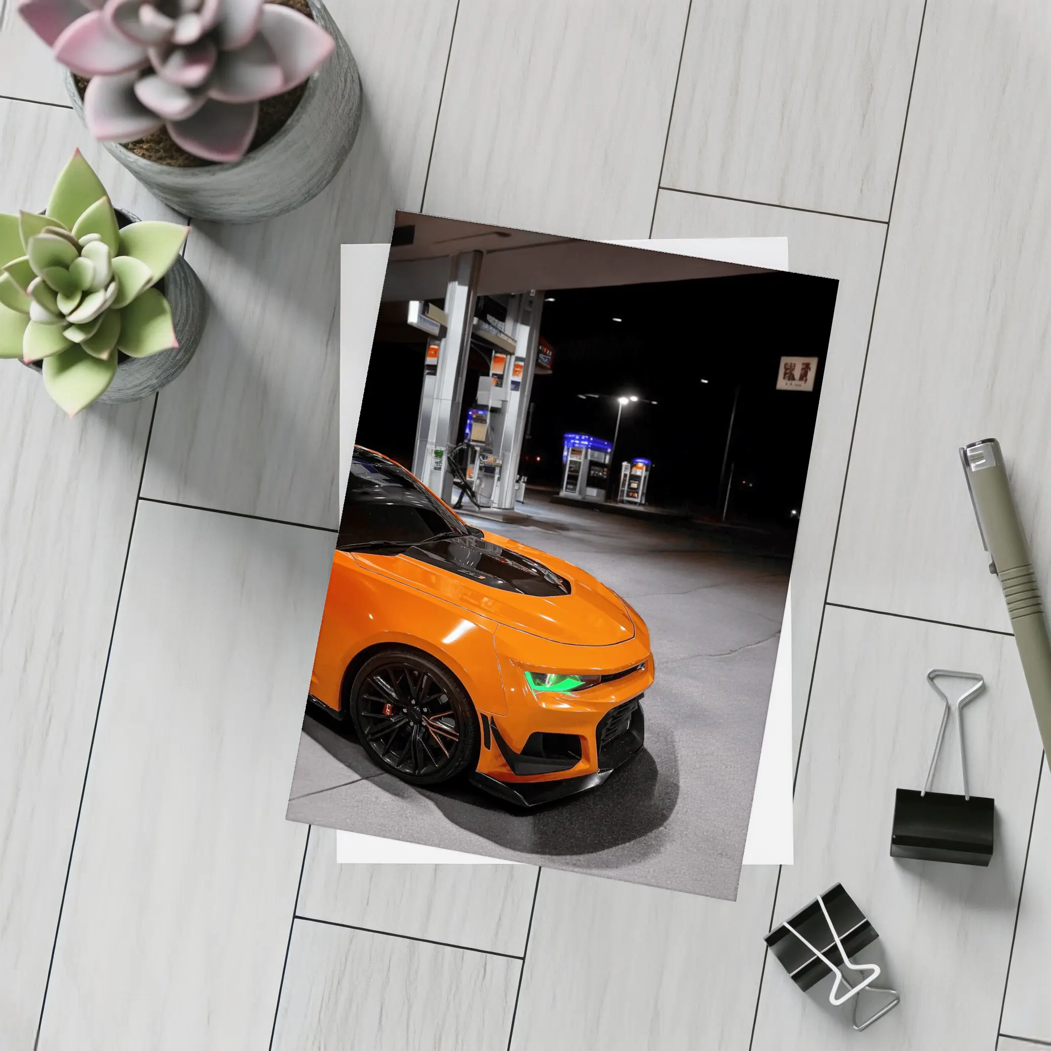 Chevrolet Camaro Orange At Night Gas Station – Postcards