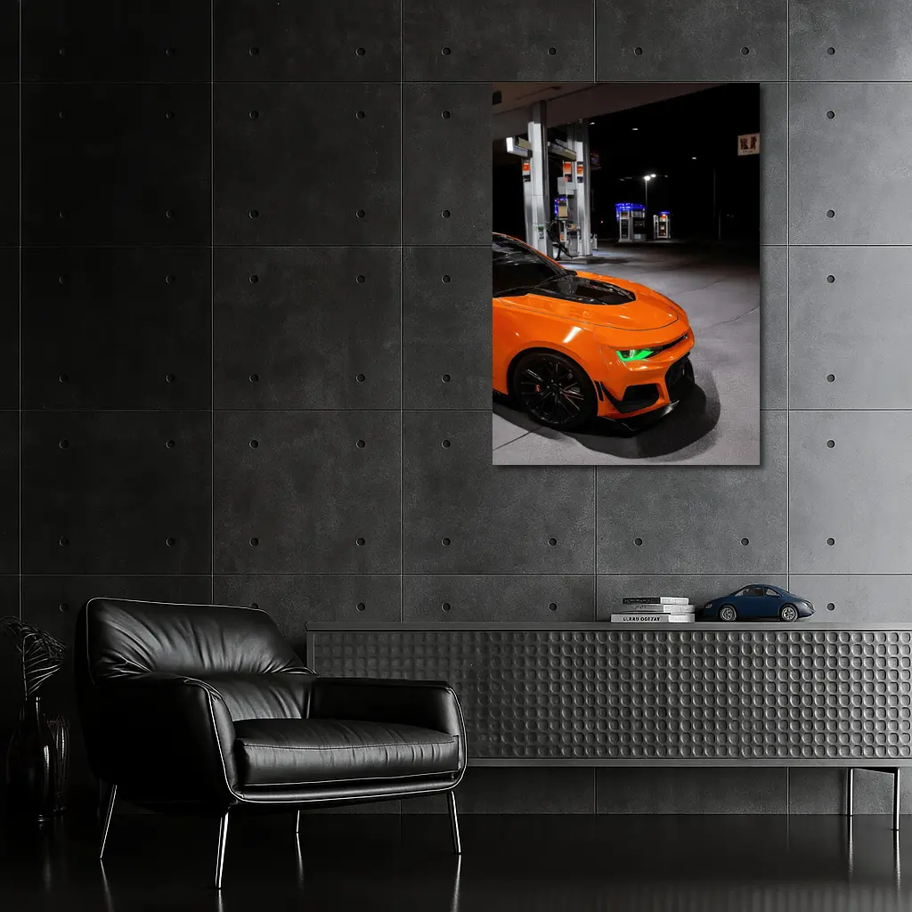 Chevrolet Camaro Orange At Night Gas Station – Wall Art