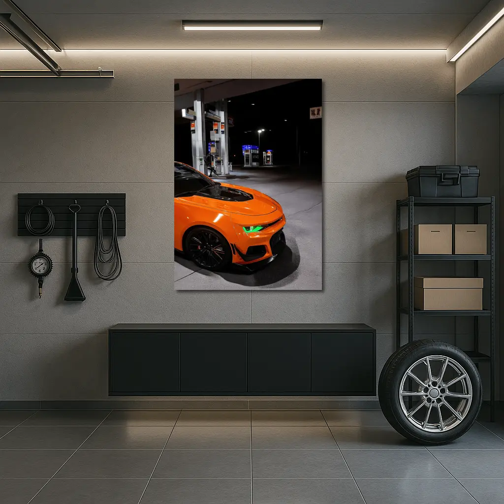 Chevrolet Camaro Orange At Night Gas Station – Wall Art