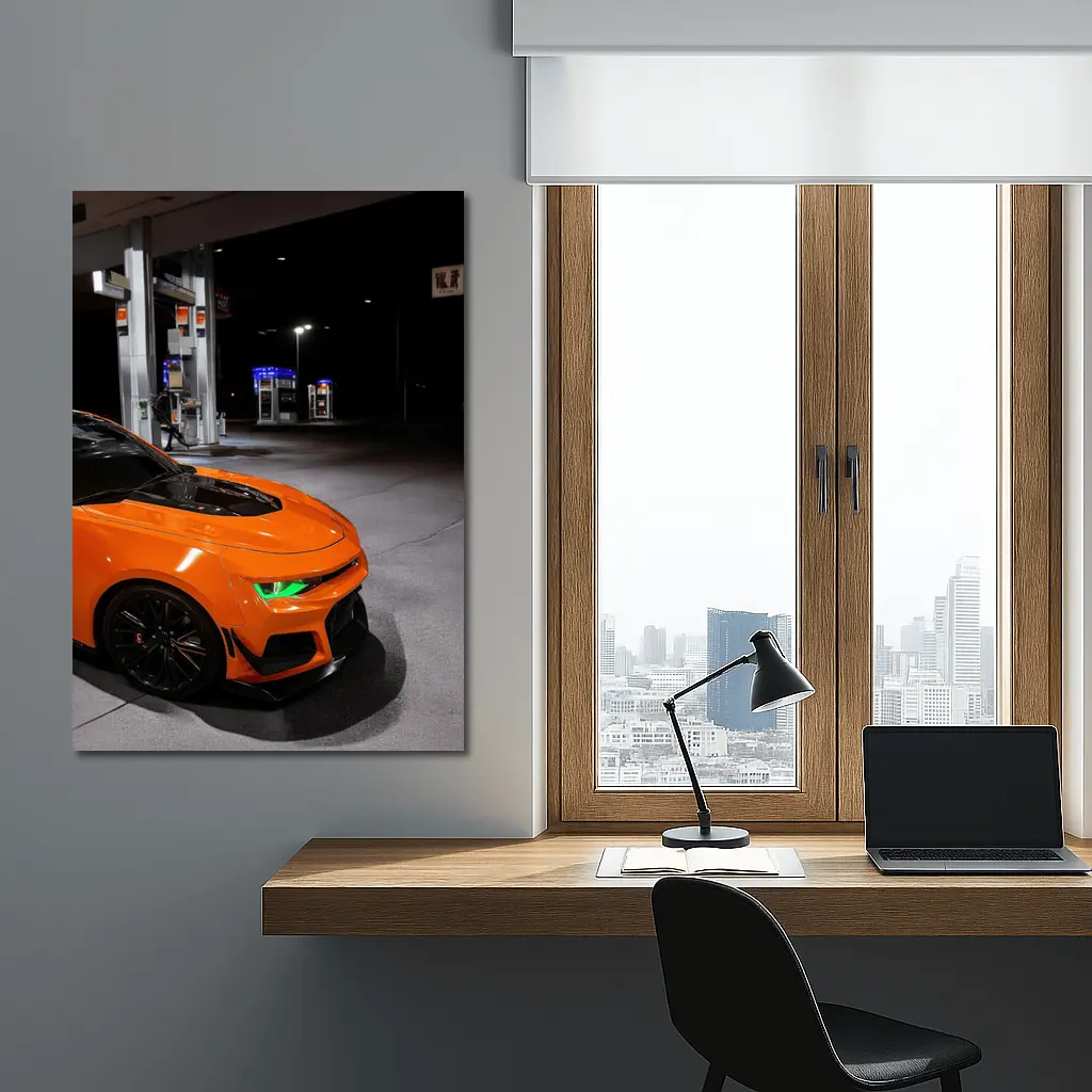 Chevrolet Camaro Orange At Night Gas Station – Wall Art