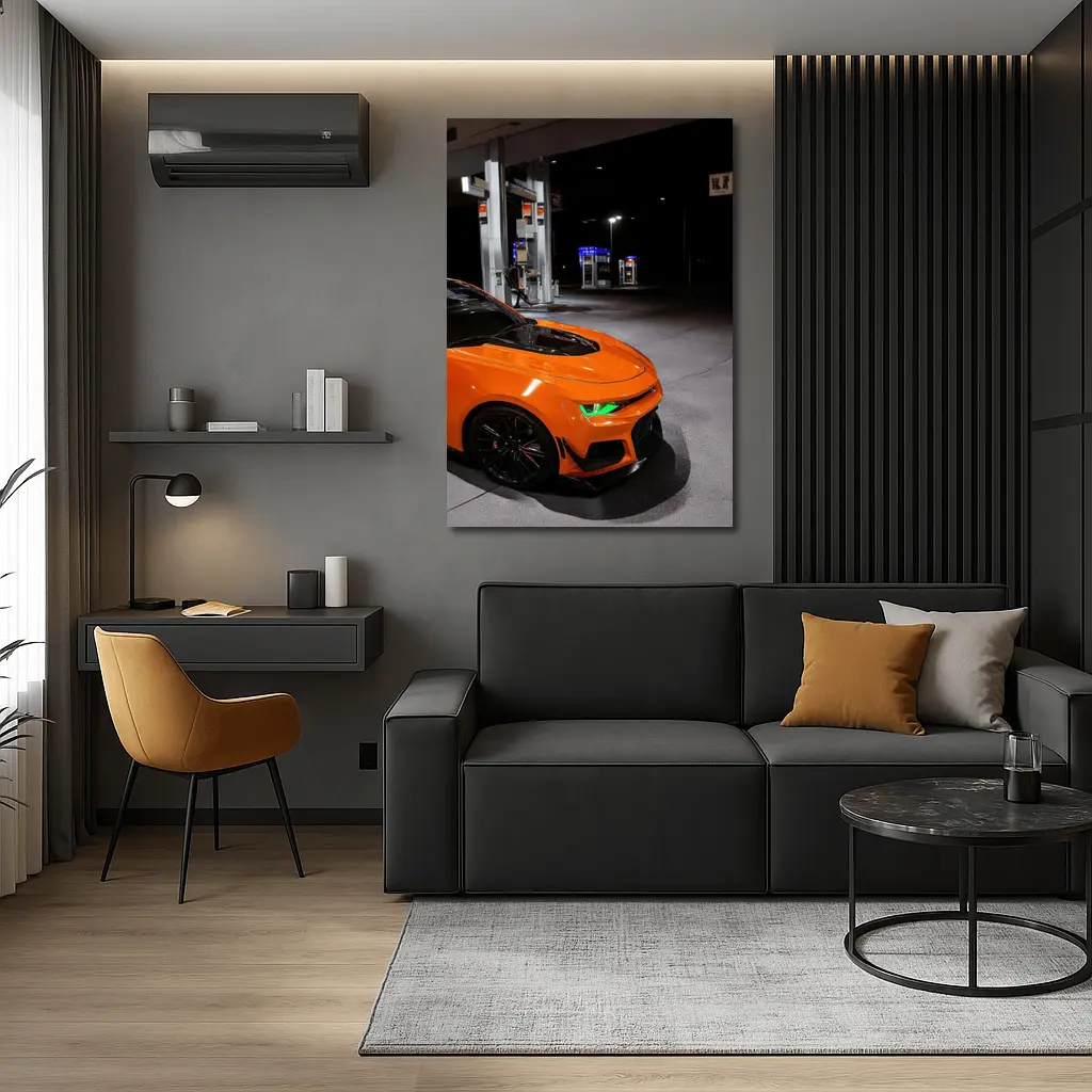 Chevrolet Camaro Orange At Night Gas Station – Wall Art