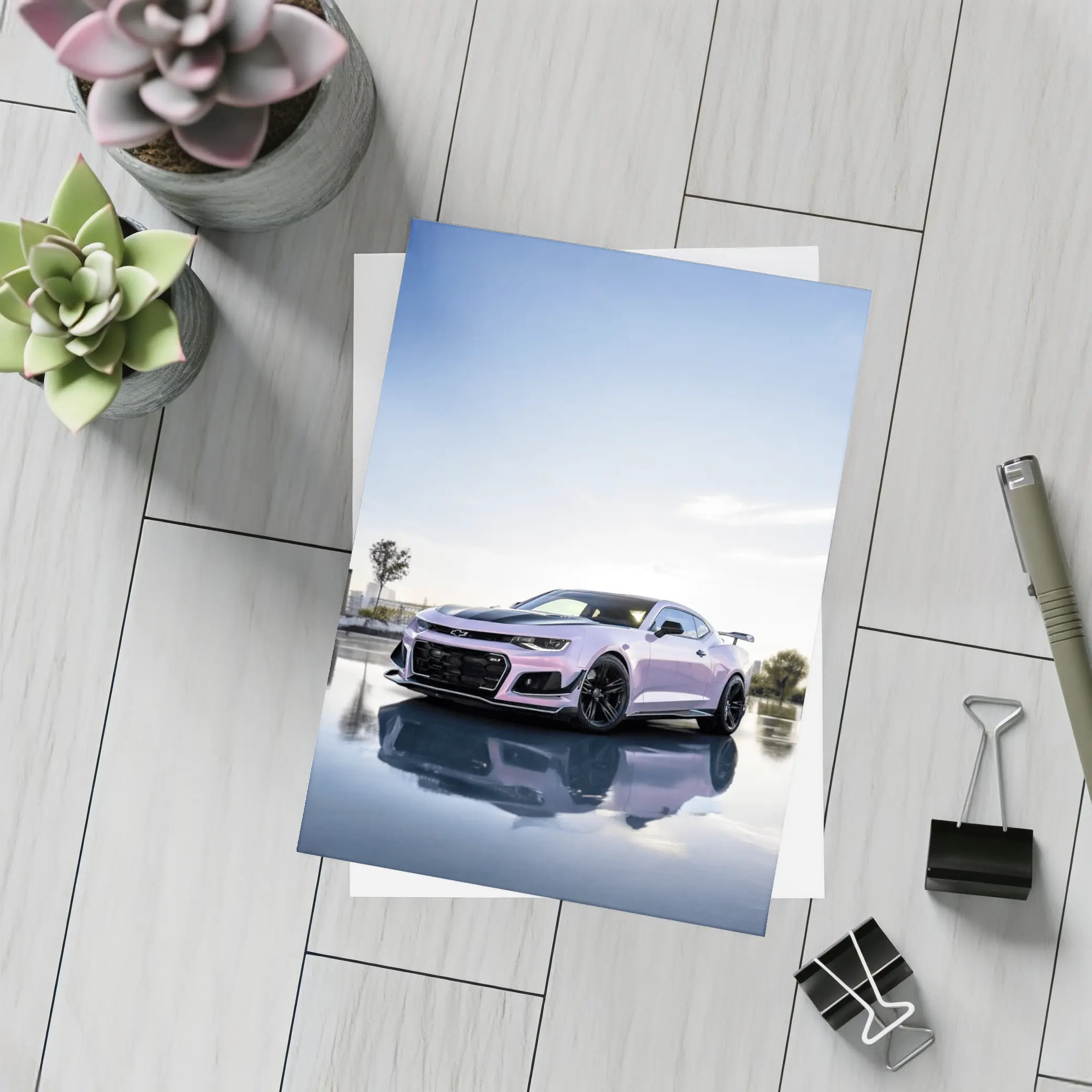 Chevrolet Camaro Pink Coupe City Backdrop – Postcards
