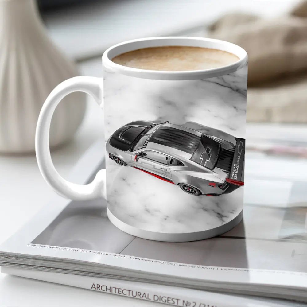 Chevrolet Camaro Racing Silver Marble Background – Mugs