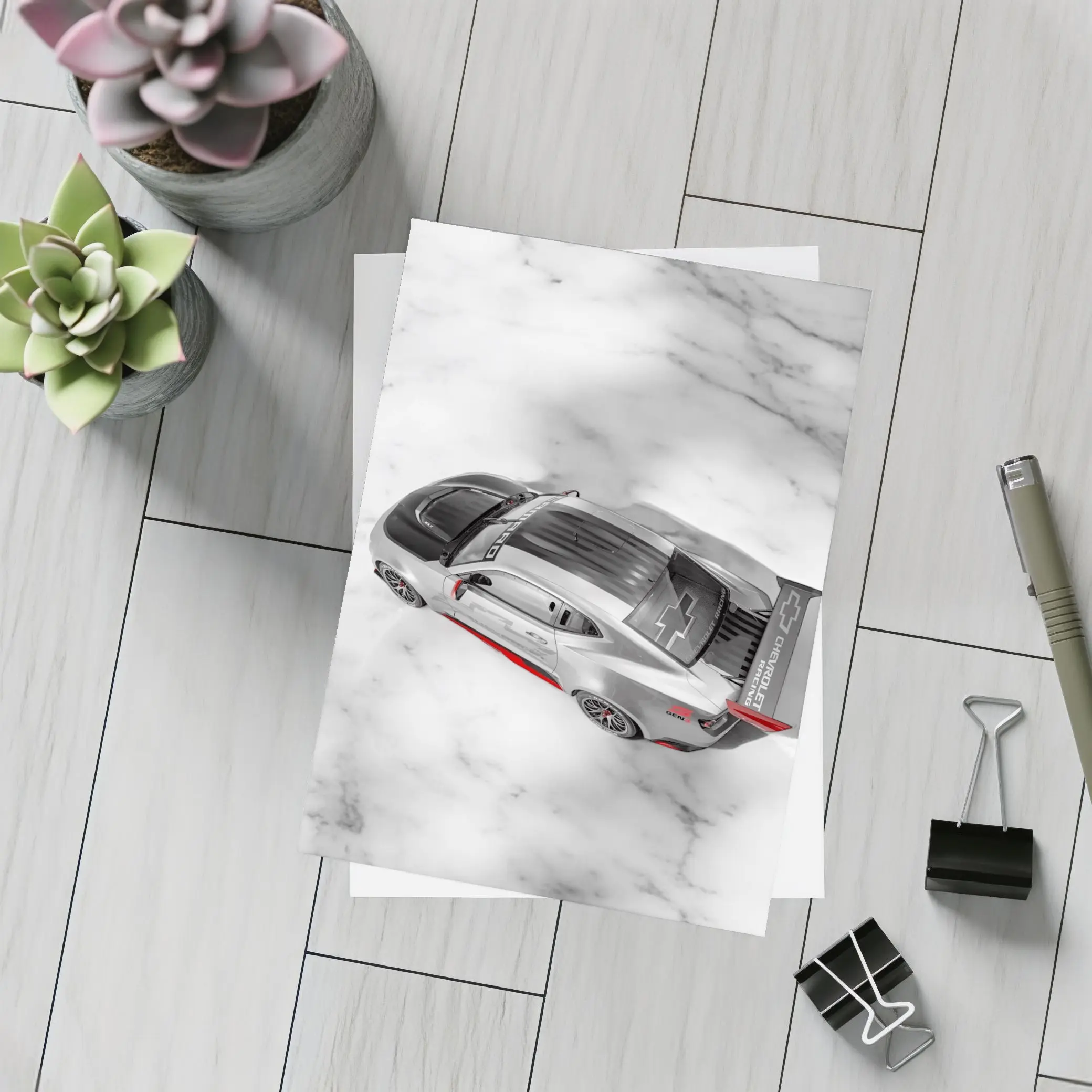 Chevrolet Camaro Racing Silver Marble Background – Postcards