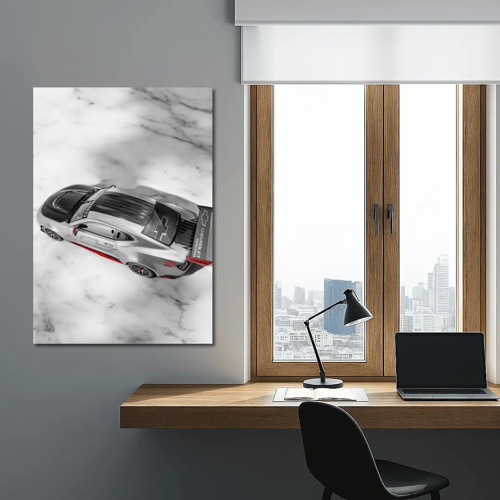 Chevrolet Camaro Racing Silver Marble Background – Wall Art